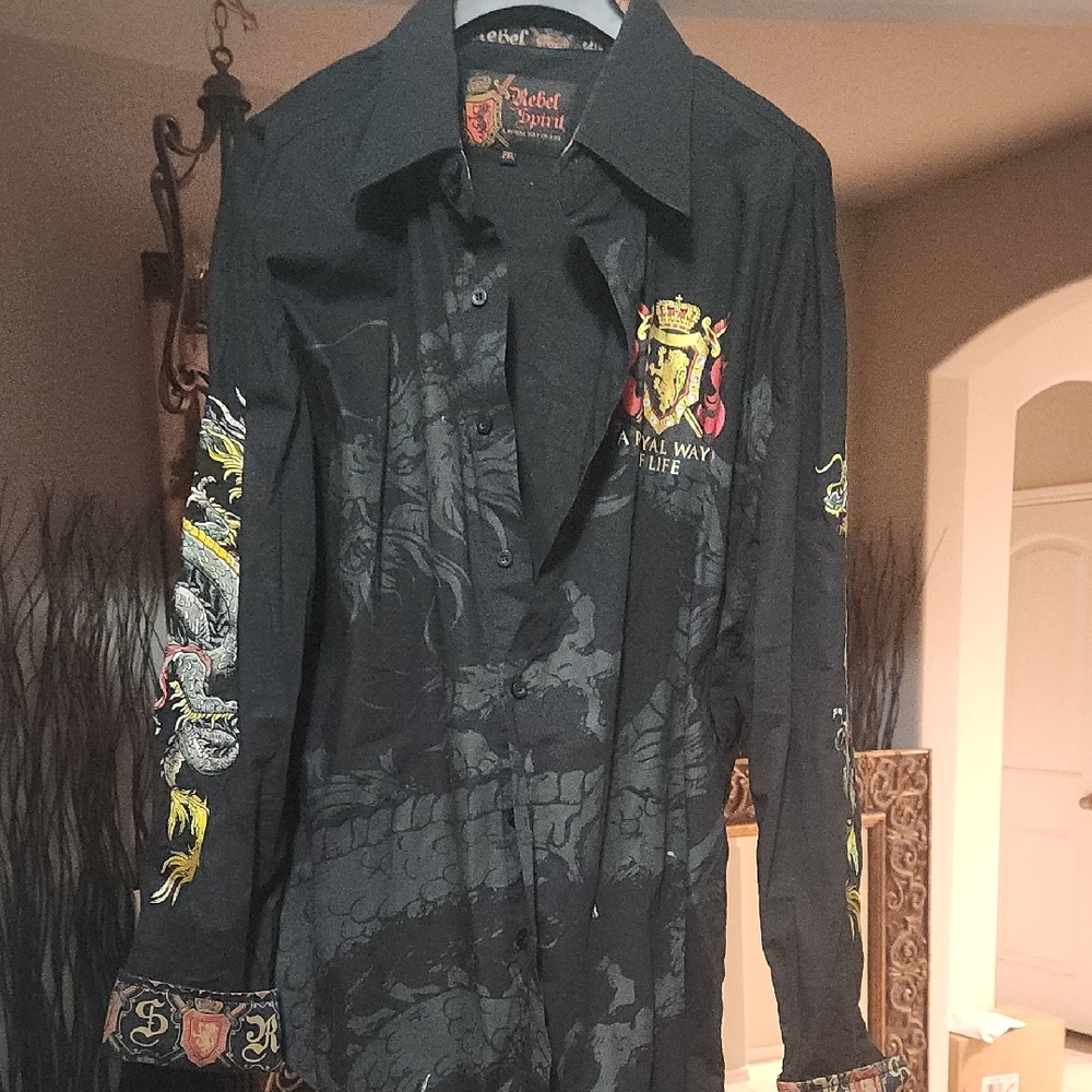 Rebel Spirit Black Shirt with Gold and Red Embroidery